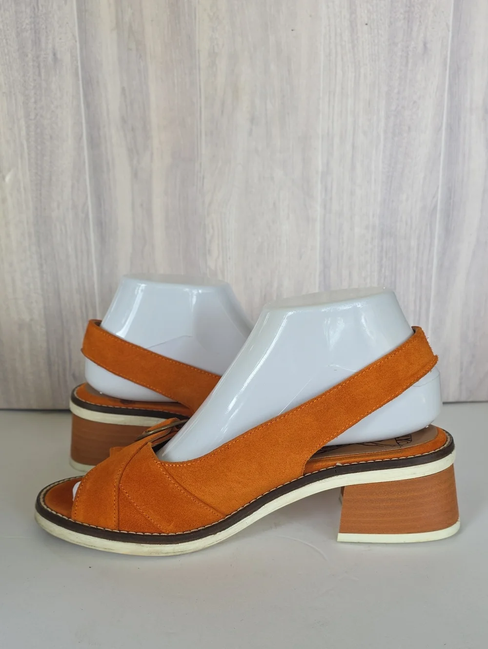 FLY London Burnt Orange Suede Mule Sandals Chunky Heel Buckle Straps Sz 38/7.5US